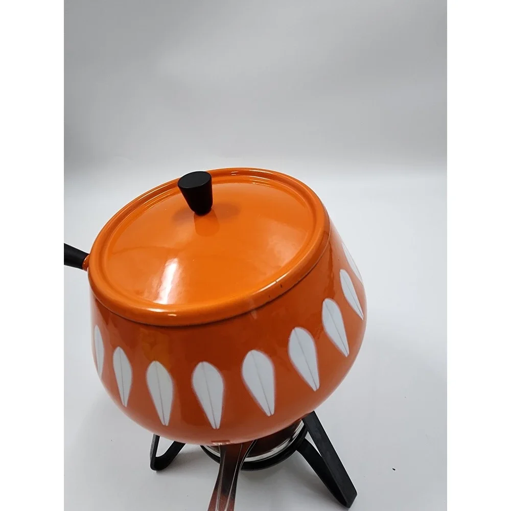 Cathrineholm Lotus Fondue Set Orange White Enamel Mid Century Modern Norway MCM